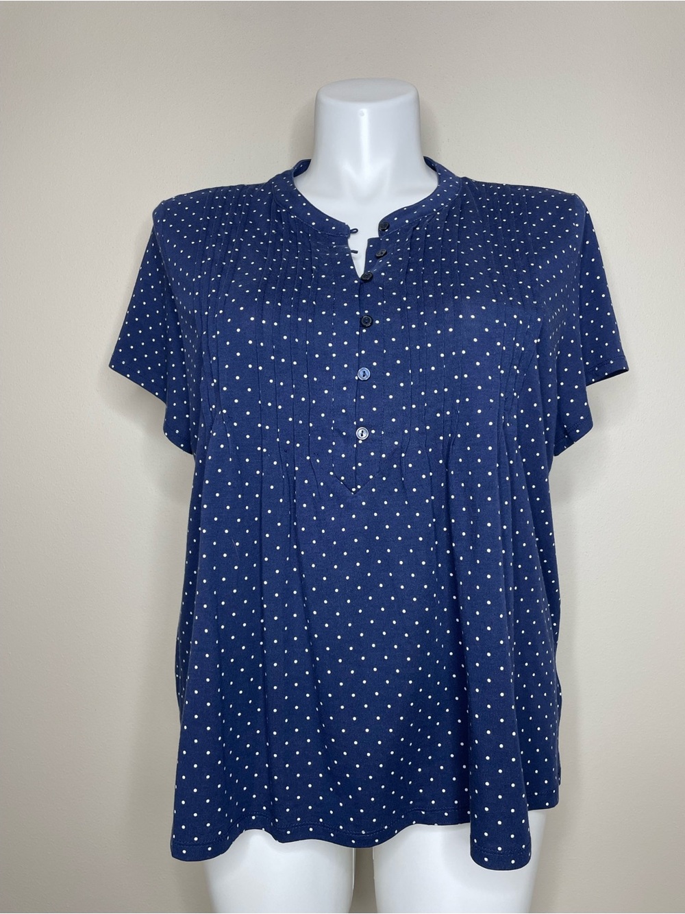 NEW Lands' End Navy and White Polka Dot Short Sleeve Pintuck Knit T-shirt Top
